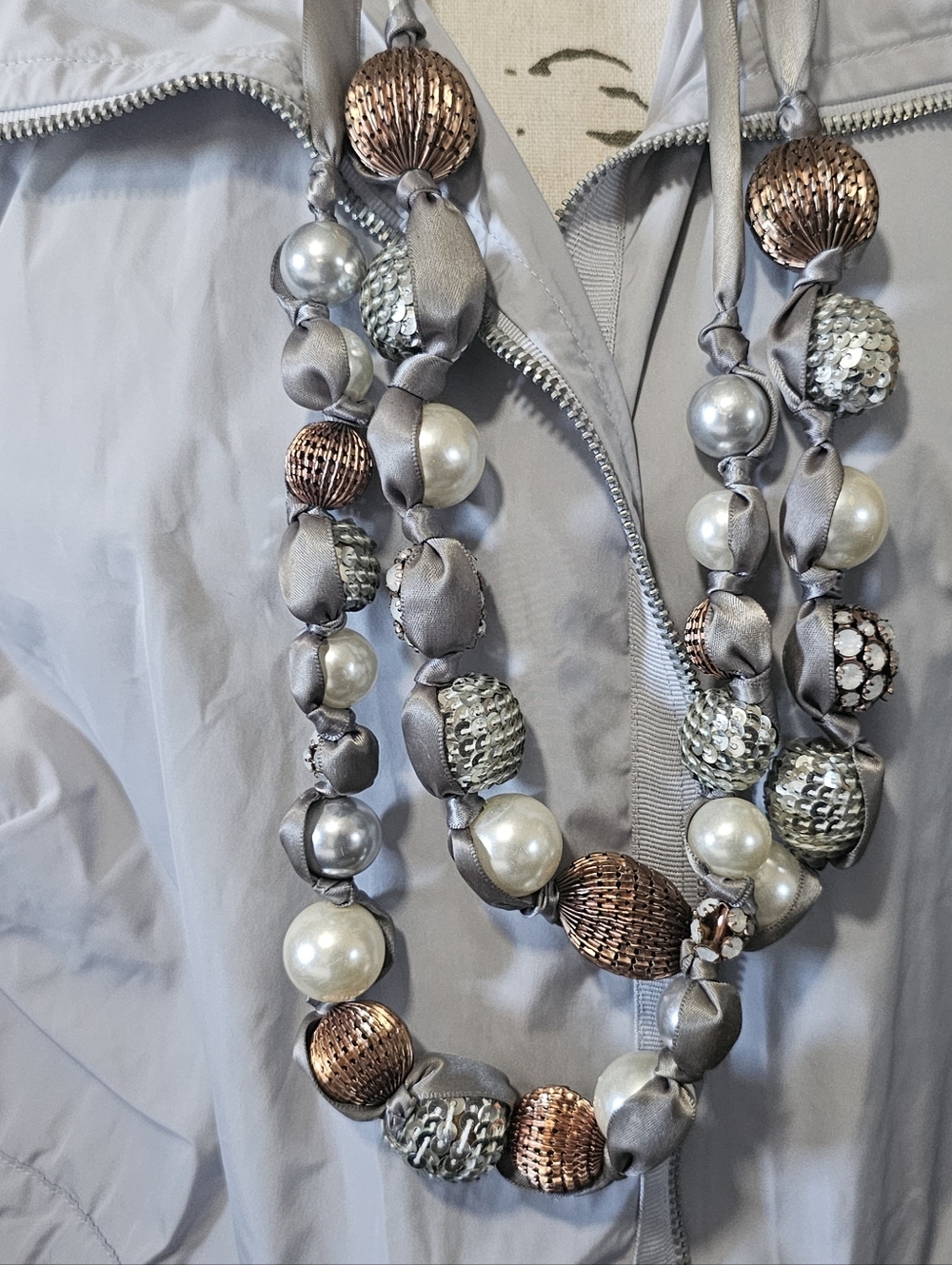 Chicos Elegant Silver and Rose Gold Beaded Satin Necklace - Women Jewelry - Picture 2 of 4